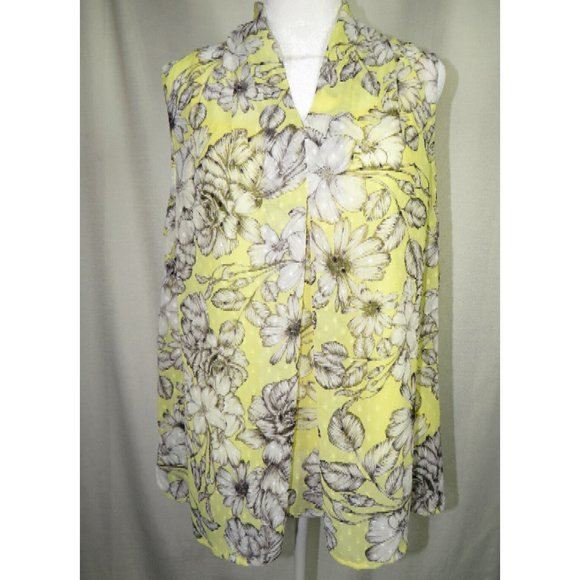 Liz Claiborne Petite Large Pale Yellow Gray Floral Clip Dot Sleeveless Blouse - Picture 4 of 9